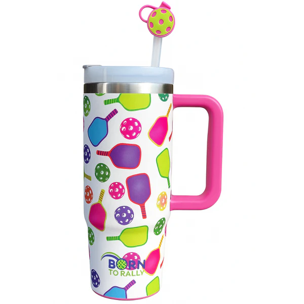 Born to Rally Pickleball 30oz Tumbler - Pink Multi Paddle